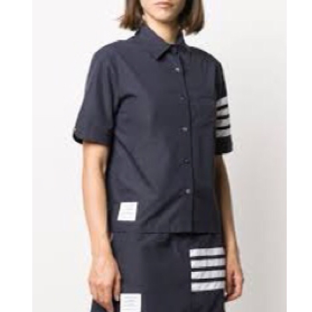 Newest style Thom browne navy flyweight tech 4-bar short sleeve button down shir